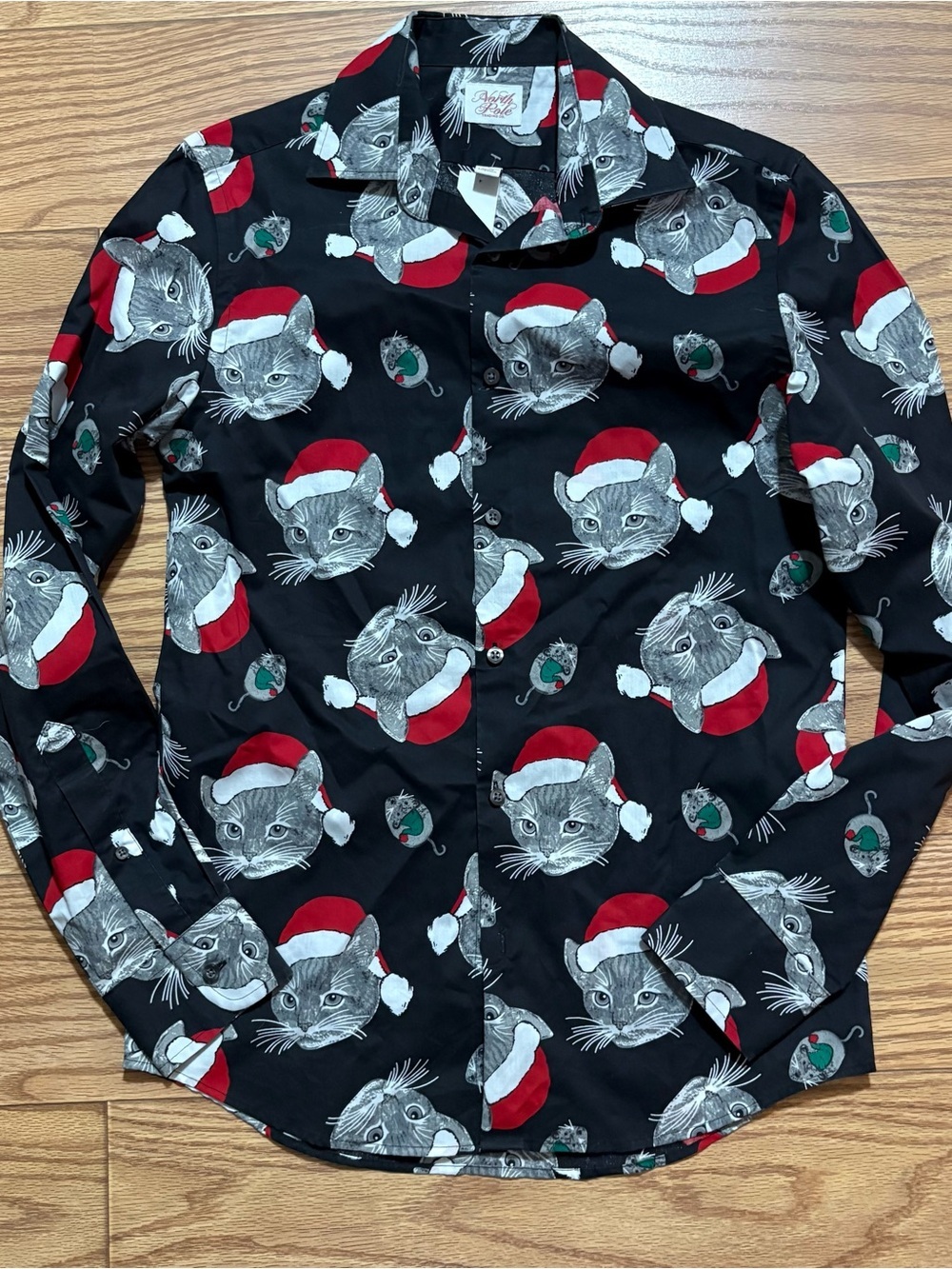 North Pole Christmas Holiday Santa Cat Button Down Festive Shirt Small